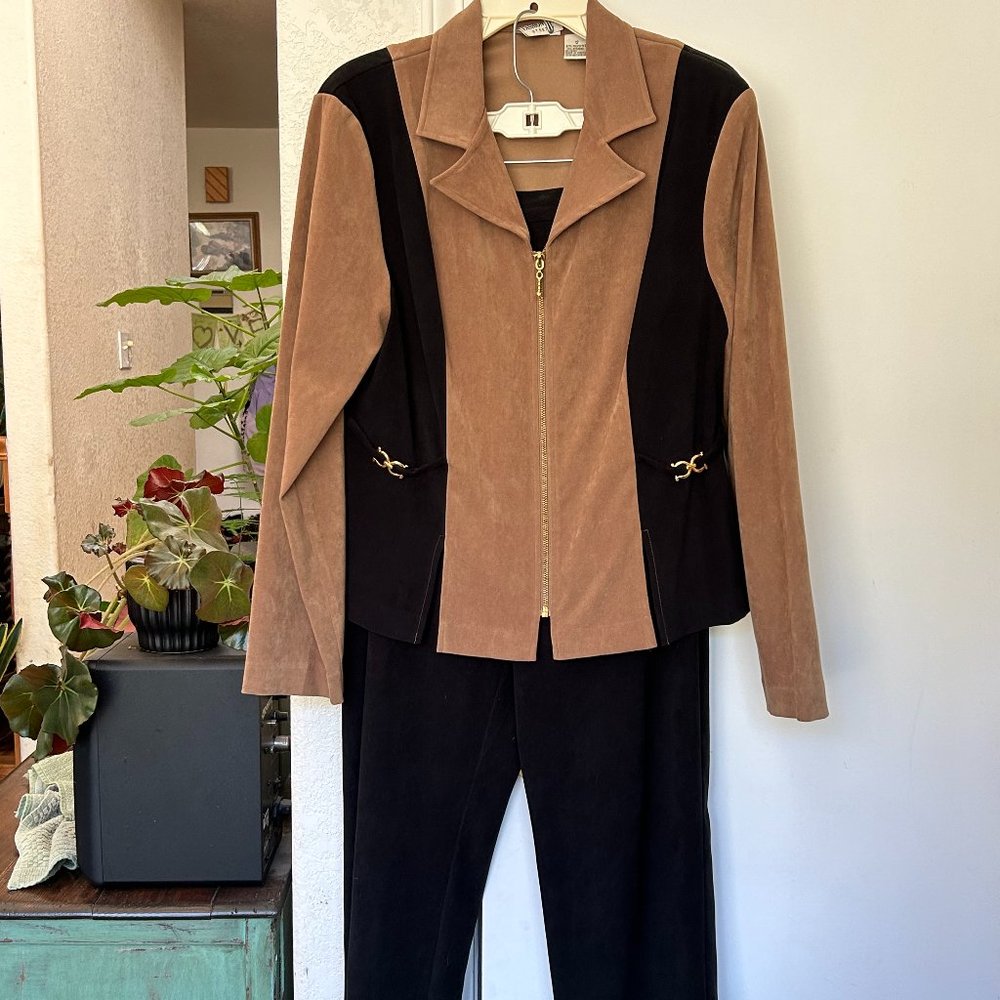 This is a Fashion Bug Stretch, 2-piece dress suit, size 12, warm tan & black